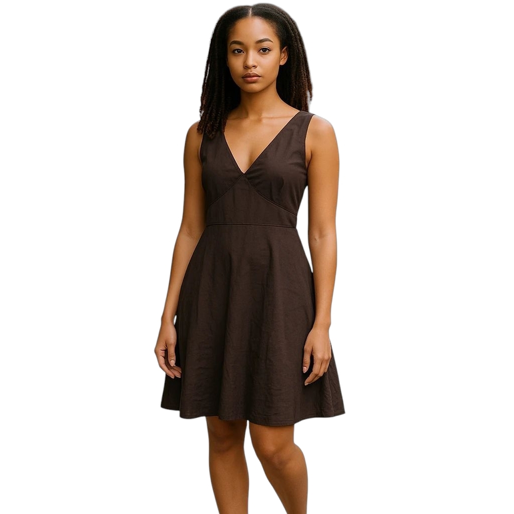 Ann Taylor Chocolate Brown Embroidered A-Line V-Neck Dress Women's 2